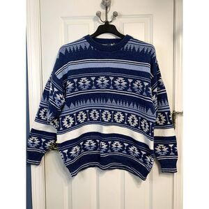 Vintage 90s Heavy Cotton Aztek Geometric Colorblock Cable Knit Sweater Size XL